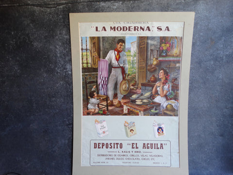 Mexican Calendar Advertising Art - Raleigh Cigarettes - Happy Family at Home - c 1940AP1248