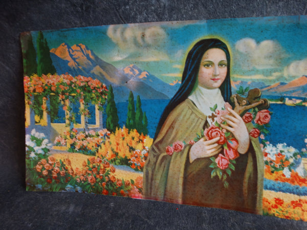 Mexican Tin Litho Sign - Virgin Mary in Paradise Vista AP1320