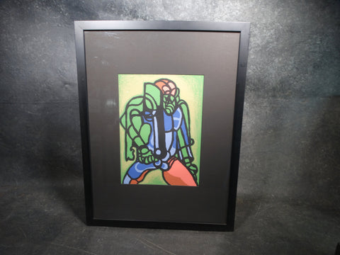 Jorgen Hansen Block Print Abstract Figure in Green Blue and Pink c 1952 AP1331