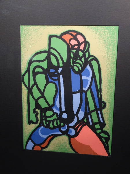 Jorgen Hansen Block Print Abstract Figure in Green Blue and Pink c 1952 AP1331