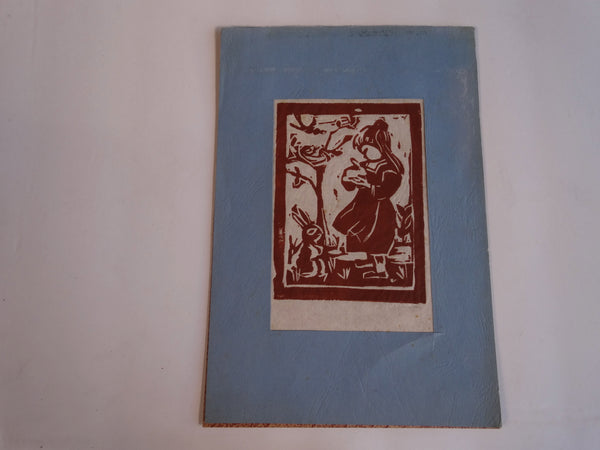 Marie Cofalka - A Little Girl with Bunnies and Birds - Lino-cut  c 1970 AP1411