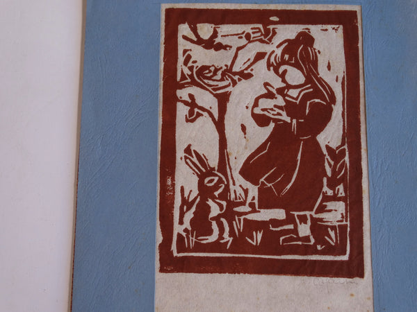 Marie Cofalka - A Little Girl with Bunnies and Birds - Lino-cut  c 1970 AP1411
