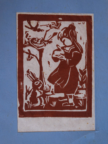 Marie Cofalka - A Little Girl with Bunnies and Birds - Lino-cut  c 1970 AP1411