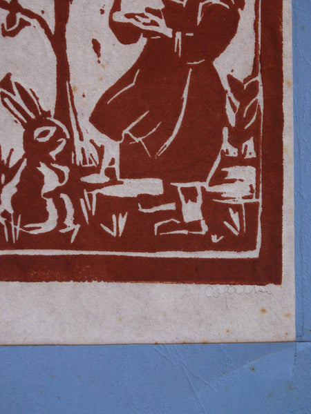 Marie Cofalka - A Little Girl with Bunnies and Birds - Lino-cut  c 1970 AP1411