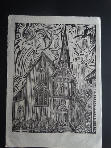 Byron Randall (1918-1999) - Woodcut - Mendocino Church 1962 AP1572
