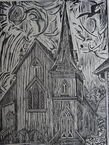 Byron Randall (1918-1999) - Woodcut - Mendocino Church 1962 AP1572