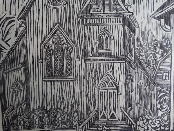 Byron Randall (1918-1999) - Woodcut - Mendocino Church 1962 AP1572