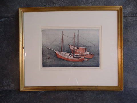 Anders Aldrin (1889- 1970) Block Print - Fishing Boats (Blue, Red & White) 1931 AP1581