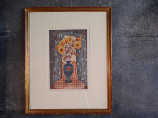 Anders Aldrin (1889- 1970) Block Print - The Bouquet 1934 - Blue Vase, Yellow Flowers AP1583