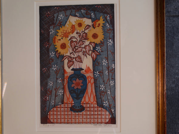 Anders Aldrin (1889- 1970) Block Print - The Bouquet 1934 - Blue Vase, Yellow Flowers AP1583