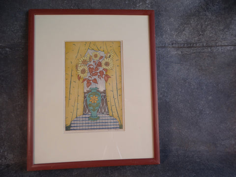 Anders Aldrin (1889- 1970) Block Print - The Bouquet - Green Vase, Yellow Curtains AP1584