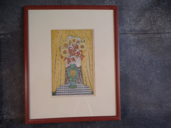 Anders Aldrin (1889- 1970) Block Print - The Bouquet - Green Vase, Yellow Curtains AP1584