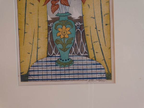 Anders Aldrin (1889- 1970) Block Print - The Bouquet - Green Vase, Yellow Curtains AP1584