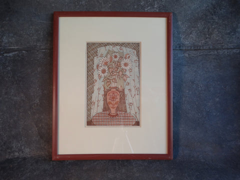 Anders Aldrin (1889- 1970) Block Print - The Bouquet - Pink Vase, Grey Curtains AP1585