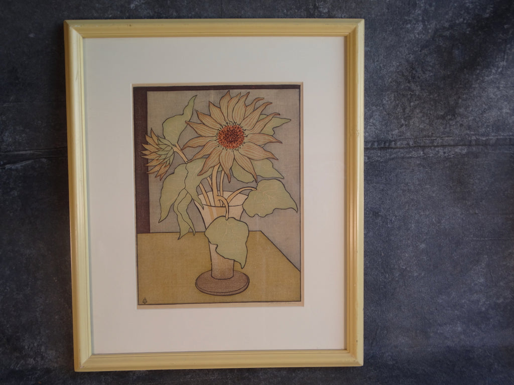 Anders Aldrin (1889- 1970) Block Print -  Sunflowers - Green Leaves Brown Vase AP1590