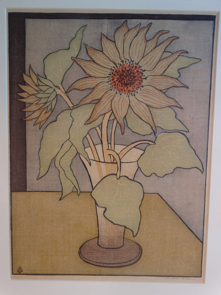 Anders Aldrin (1889- 1970) Block Print -  Sunflowers - Green Leaves Brown Vase AP1590