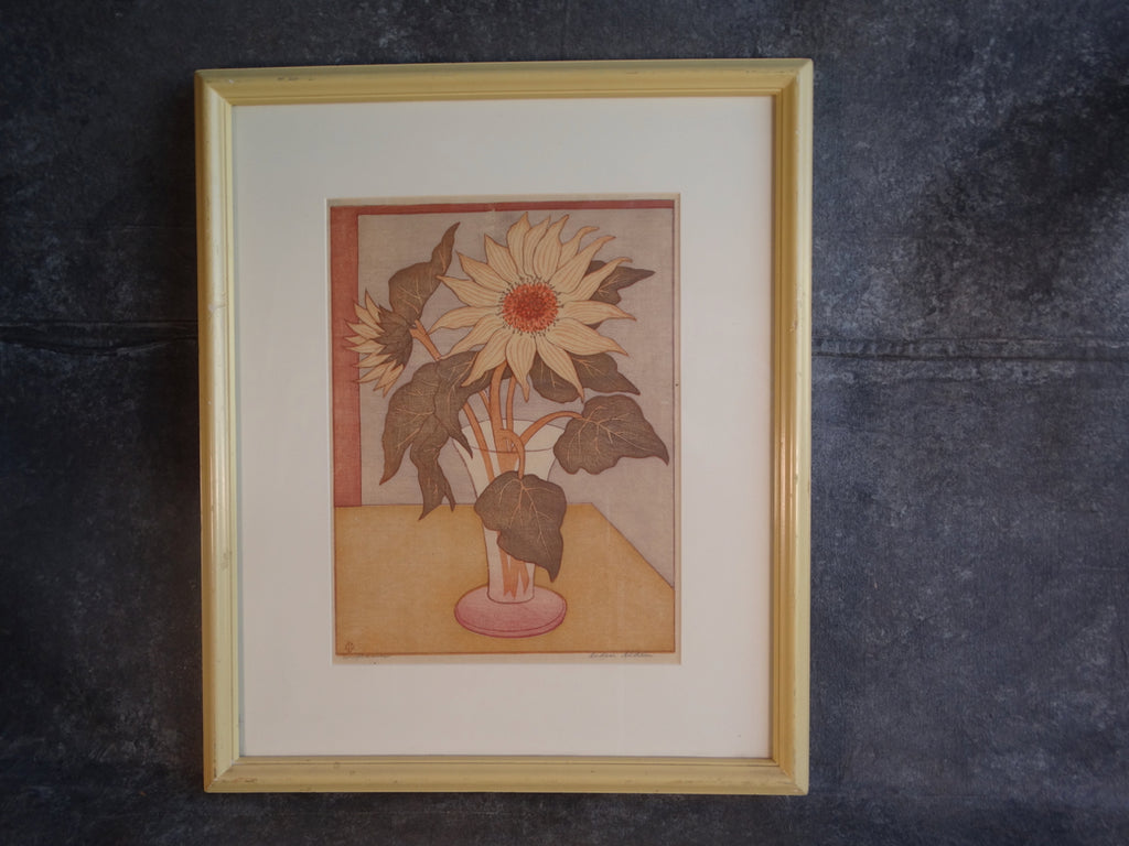 Anders Aldrin (1889- 1970) Block Print -  Sunflowers - Olive Leaves Pink Vase AP1592