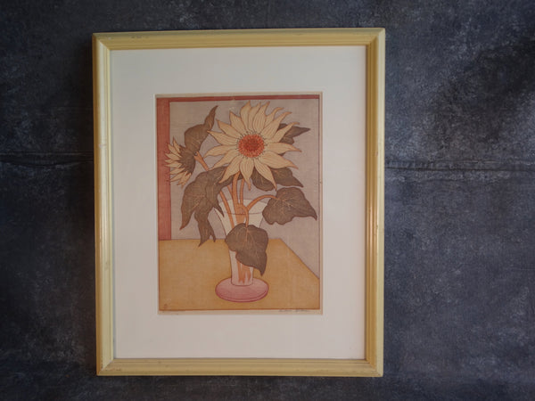 Anders Aldrin (1889- 1970) Block Print -  Sunflowers - Olive Leaves Pink Vase AP1592
