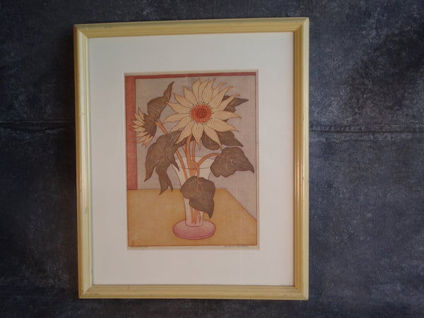Anders Aldrin (1889- 1970) Block Print -  Sunflowers - Olive Leaves Pink Vase AP1592