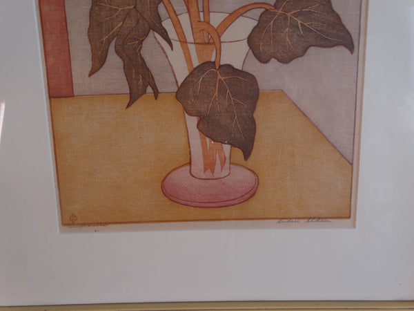 Anders Aldrin (1889- 1970) Block Print -  Sunflowers - Olive Leaves Pink Vase AP1592