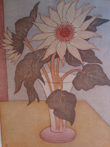 Anders Aldrin (1889- 1970) Block Print -  Sunflowers - Olive Leaves Pink Vase AP1592