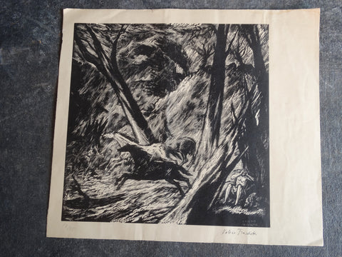 Valerio Fraschetti (1910-1977)  - Horses Bolting in the Woods - Scene from Orlando Furioso Woodcut circa 1930-50s AP1631