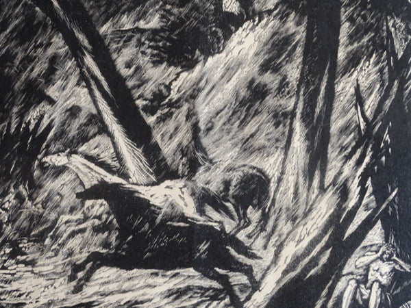 Valerio Fraschetti (1910-1977)  - Horses Bolting in the Woods - Scene from Orlando Furioso Woodcut circa 1930-50s AP1631