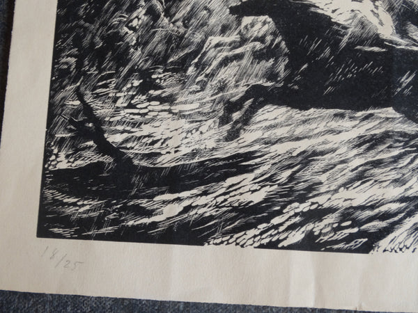 Valerio Fraschetti (1910-1977)  - Horses Bolting in the Woods - Scene from Orlando Furioso Woodcut circa 1930-50s AP1631