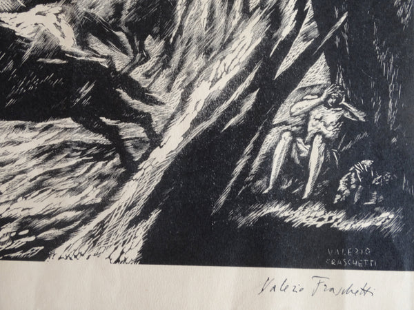 Valerio Fraschetti (1910-1977)  - Horses Bolting in the Woods - Scene from Orlando Furioso Woodcut circa 1930-50s AP1631