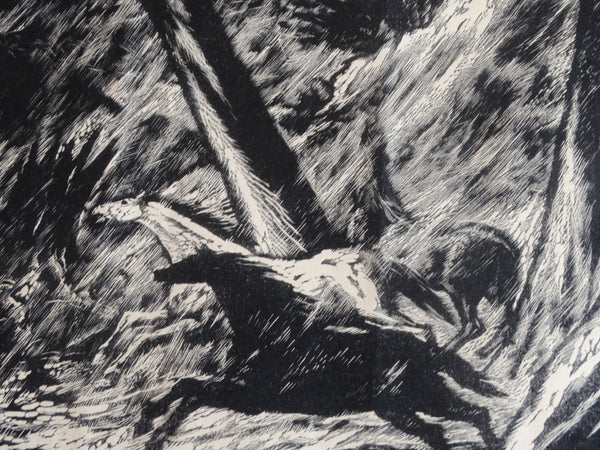 Valerio Fraschetti (1910-1977)  - Horses Bolting in the Woods - Scene from Orlando Furioso Woodcut circa 1930-50s AP1631