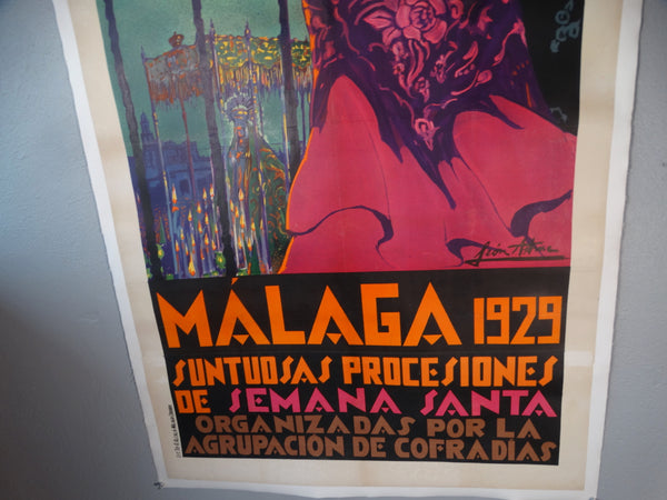 Manuel León Astruc (1889-1965) MALAGA 1929 SUNTUOSAS PROCESIONES DE SEMANA SANTA Travel Poster AP1761