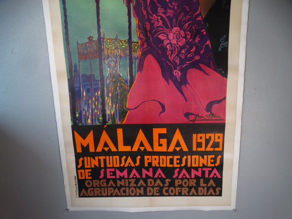 Manuel León Astruc (1889-1965) MALAGA 1929 SUNTUOSAS PROCESIONES DE SEMANA SANTA Travel Poster AP1761
