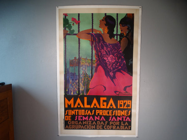 Manuel León Astruc (1889-1965) MALAGA 1929 SUNTUOSAS PROCESIONES DE SEMANA SANTA Travel Poster AP1761
