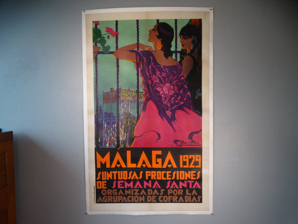Manuel León Astruc (1889-1965) MALAGA 1929 SUNTUOSAS PROCESIONES DE SEMANA SANTA Travel Poster AP1761