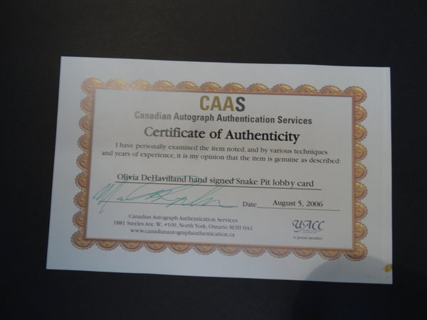 THE SNAKE PIT 1948 lobby card, autographed by Olivia De Havilland