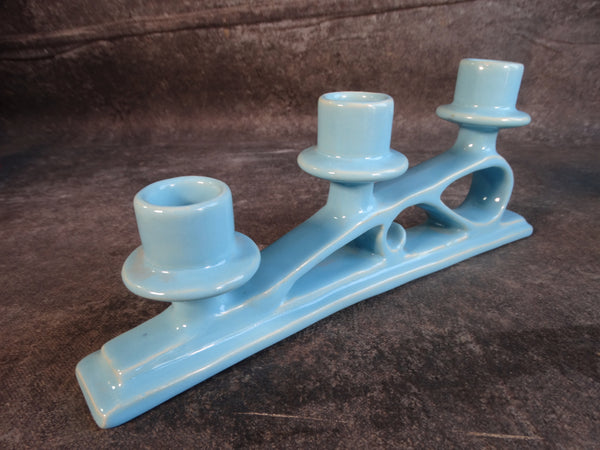 Catalina Island White Clay Triple Candlestick in Light Blue C597