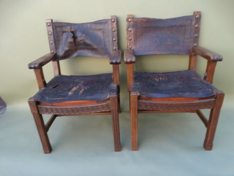Spanish Colonial George Hunt-attributed Low Back Leather Arm Chairs