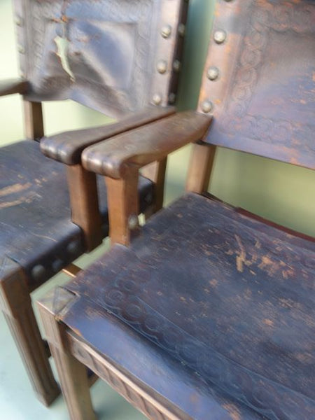 Spanish Colonial George Hunt-attributed Low Back Leather Arm Chairs