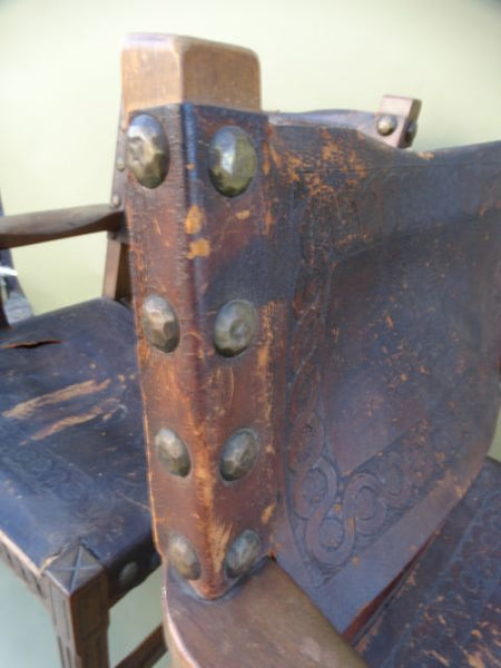 Spanish Colonial George Hunt-attributed Low Back Leather Arm Chairs