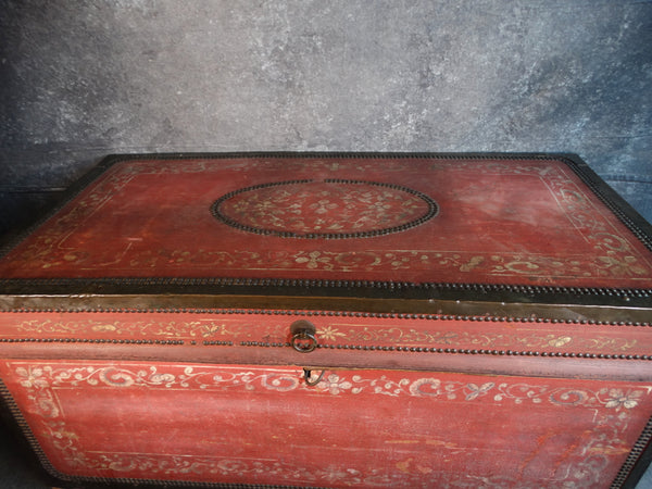 19th Century Painted Leather Brass Studded Camphor Trunk F2292