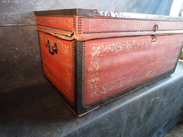 19th Century Painted Leather Brass Studded Camphor Trunk F2292