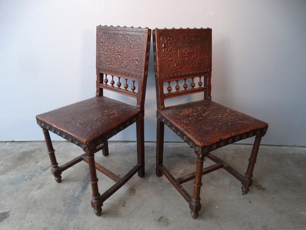 Spanish Revival Pair of Embossed Leather Chairs F2423