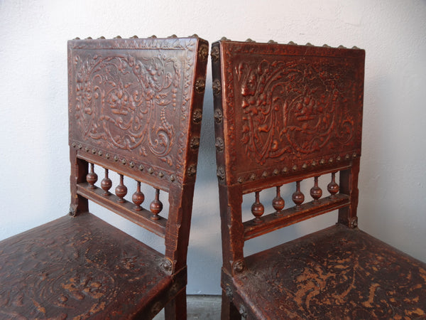 Spanish Revival Pair of Embossed Leather Chairs F2423