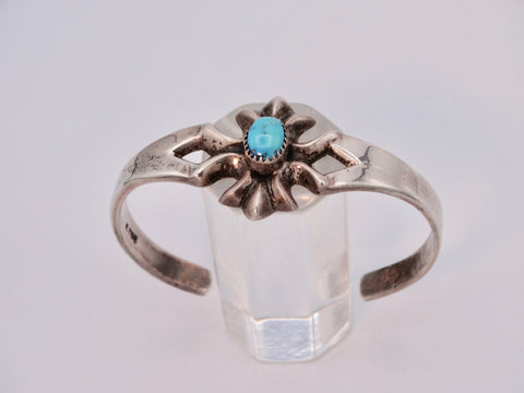 Navajo Sand-cast Silver Cuff with Turquoise in Sawtooth Bezel  in 6-Point Design J545