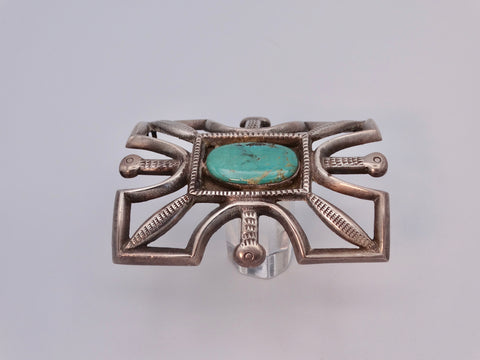 Navajo Sandcast Silver Ketoh/Bow Guard w Center Turquoise Stone c 1930s J547