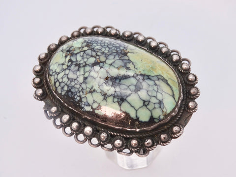 Navajo Silver Belt Buckle w Spider Turquoise Stone w Twisted Wire & Ball Motif Surround 1930s J555