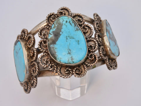 Navajo 3-Stone Silver & Turquoise Cuff w Twisted Curl Mounts J558