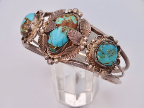 Navajo 3-Stone Silver & Turquoise Cuff, Center Stone in Leaf Setting J561