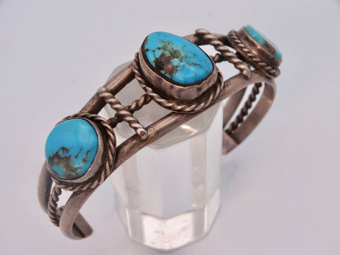 Navajo Open-Design 3-Stone Silver & Turquoise Cuff w Twisted Silver Bezels J562