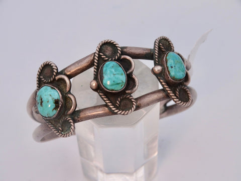 Navajo Silver Open Design Cuff with 3 Turquoise Stones w Cloud Bezels J563